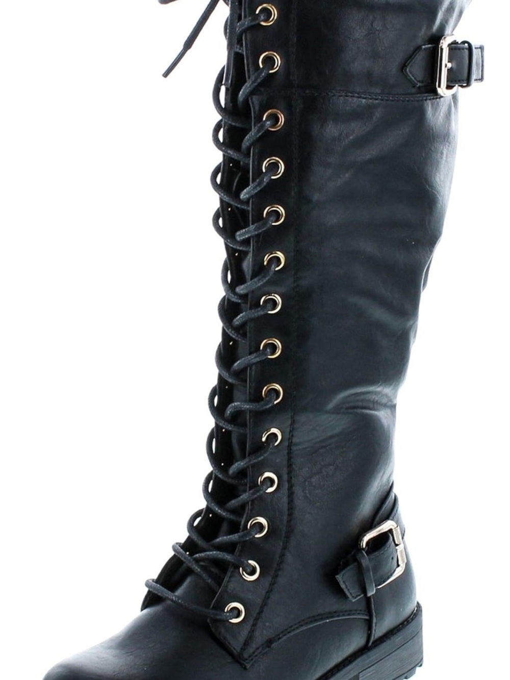 Forever Link Black Lace-Up Knee High Boot with Buckle Accents